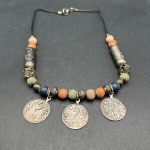Boho Coin Wood Bead Necklace‎ Silver Tone Green Orange